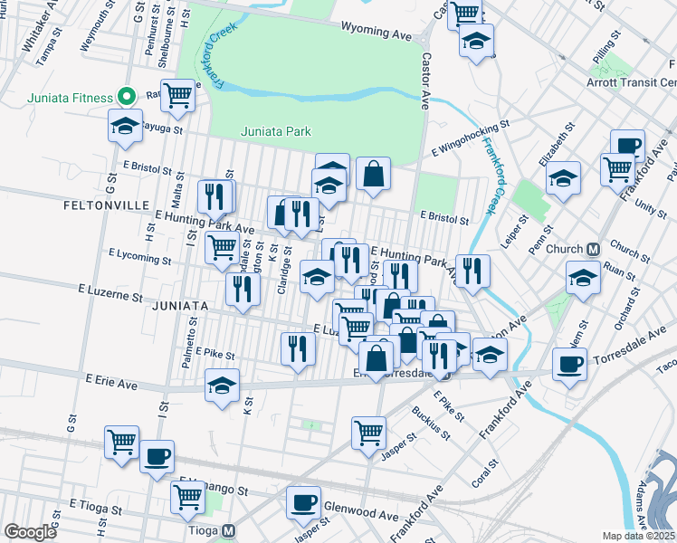 map of restaurants, bars, coffee shops, grocery stores, and more near 4124 M Street in Philadelphia
