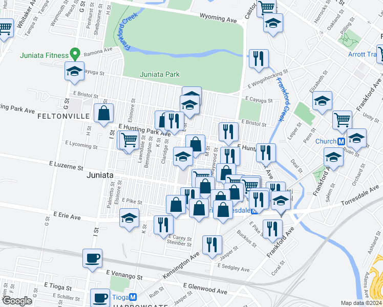 map of restaurants, bars, coffee shops, grocery stores, and more near 4114 Dungan Street in Philadelphia