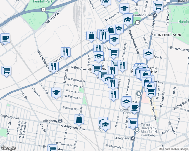 map of restaurants, bars, coffee shops, grocery stores, and more near 3621 North 19th Street in Philadelphia