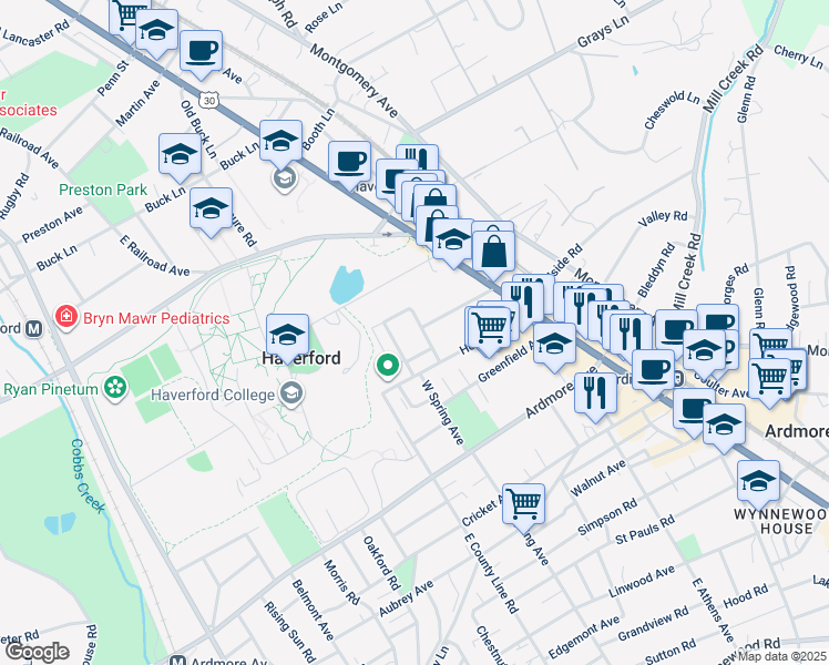 map of restaurants, bars, coffee shops, grocery stores, and more near 316 Locust Avenue in Ardmore