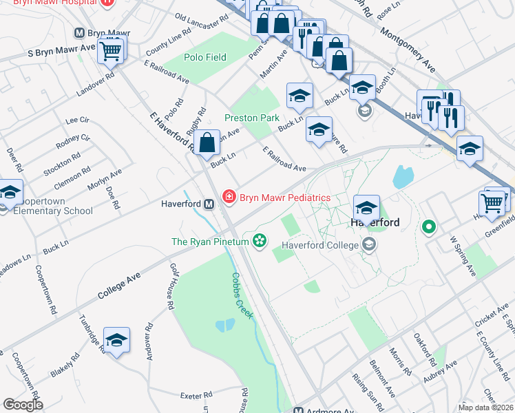 map of restaurants, bars, coffee shops, grocery stores, and more near in Haverford