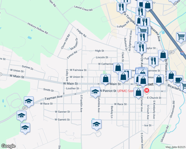 map of restaurants, bars, coffee shops, grocery stores, and more near 454 West Union Street in Somerset