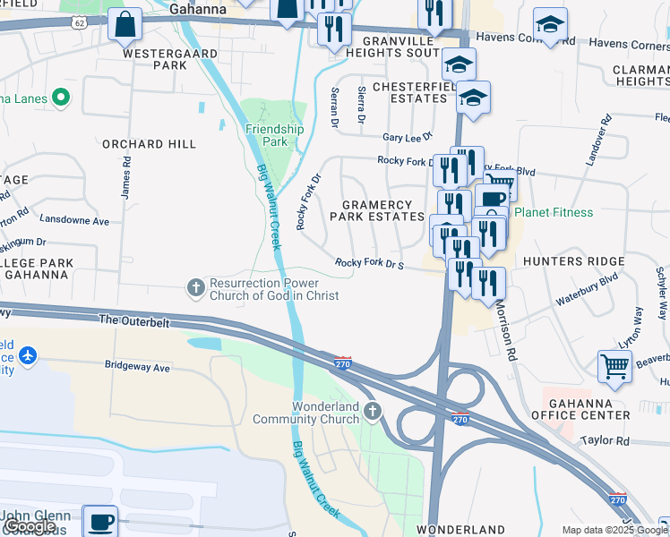 map of restaurants, bars, coffee shops, grocery stores, and more near 261 Rocky Fork Drive South in Columbus