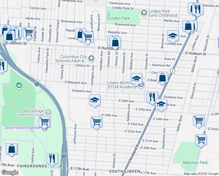 map of restaurants, bars, coffee shops, grocery stores, and more near 1146 Duxberry Avenue in Columbus