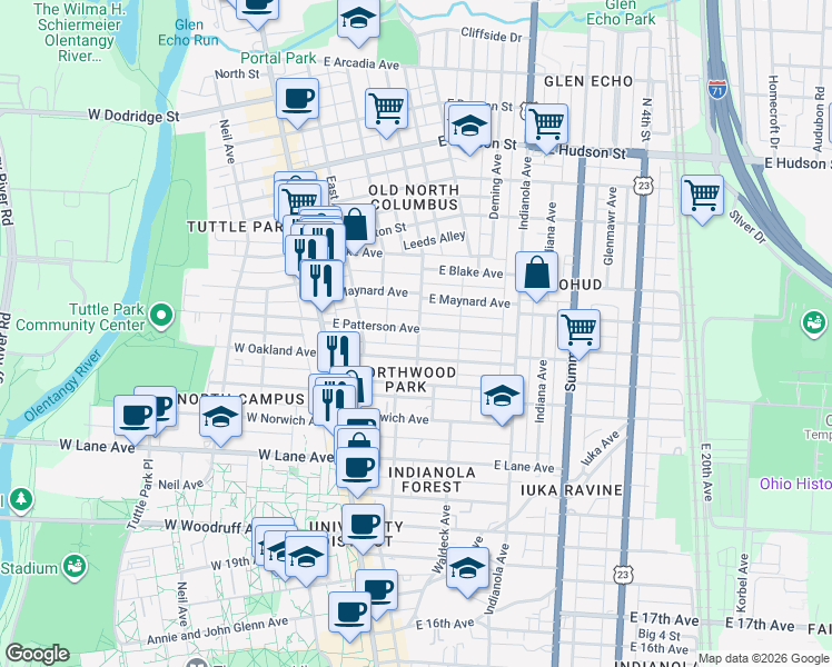 map of restaurants, bars, coffee shops, grocery stores, and more near 105 East Patterson Avenue in Columbus