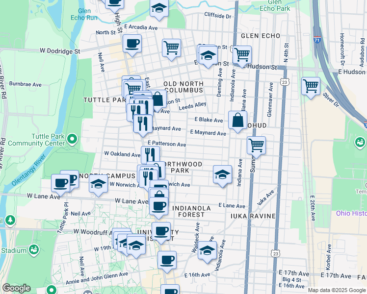 map of restaurants, bars, coffee shops, grocery stores, and more near 105 East Patterson Avenue in Columbus