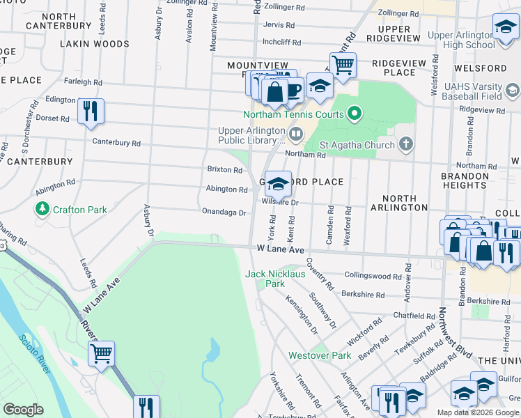 map of restaurants, bars, coffee shops, grocery stores, and more near in Upper Arlington