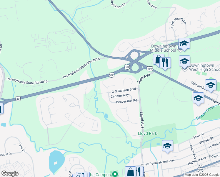 map of restaurants, bars, coffee shops, grocery stores, and more near 35 Beaver Run Road in Downingtown