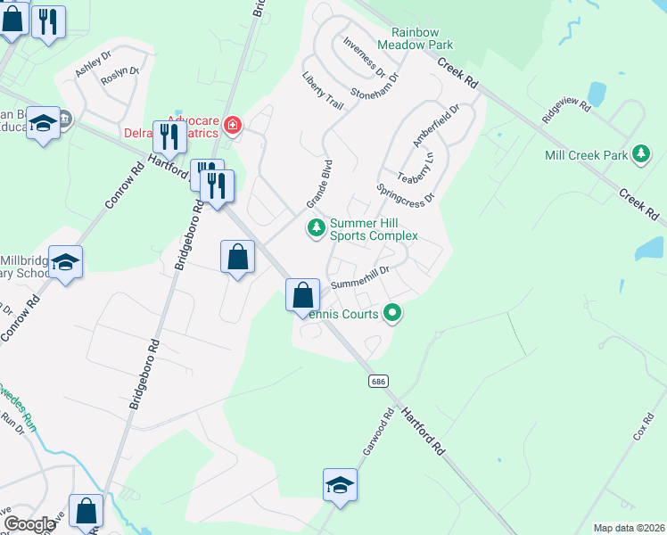 map of restaurants, bars, coffee shops, grocery stores, and more near 3 Larkspur Court in Delran