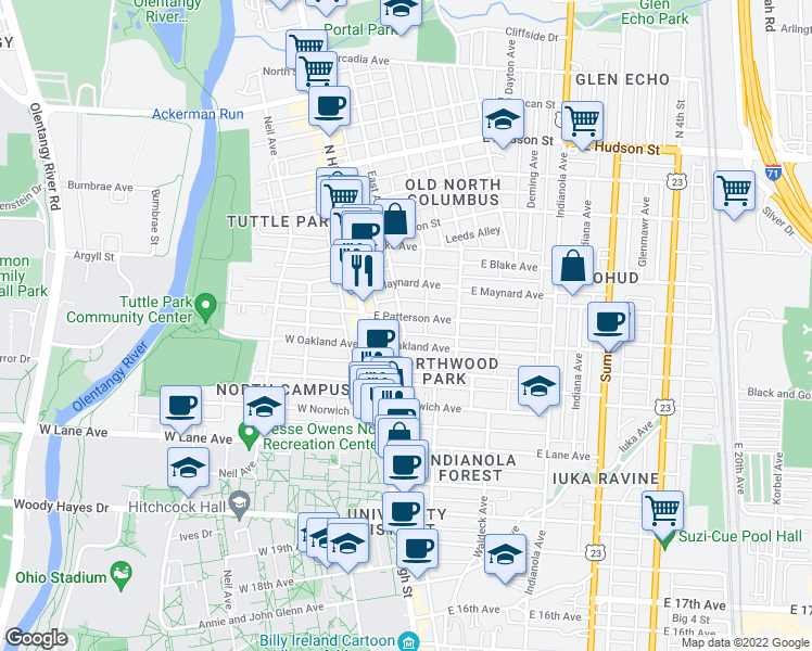map of restaurants, bars, coffee shops, grocery stores, and more near 2307 East Avenue in Columbus