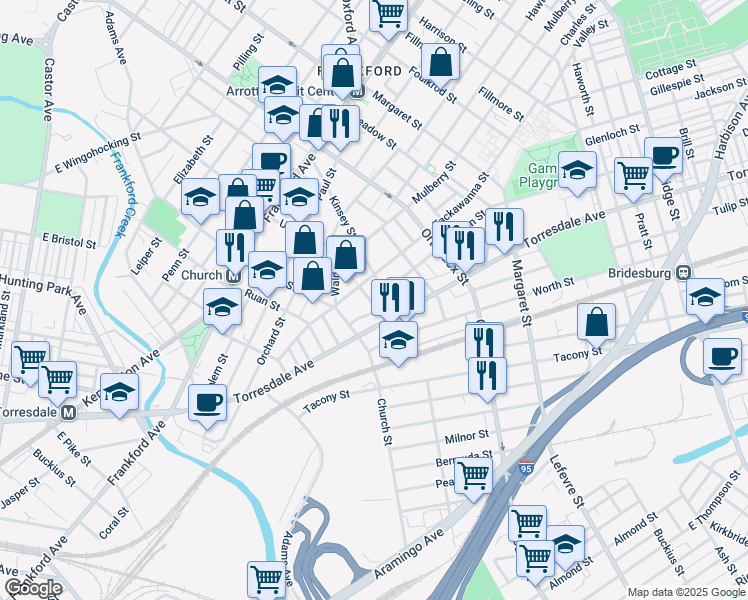 map of restaurants, bars, coffee shops, grocery stores, and more near 1933 John Street in Philadelphia