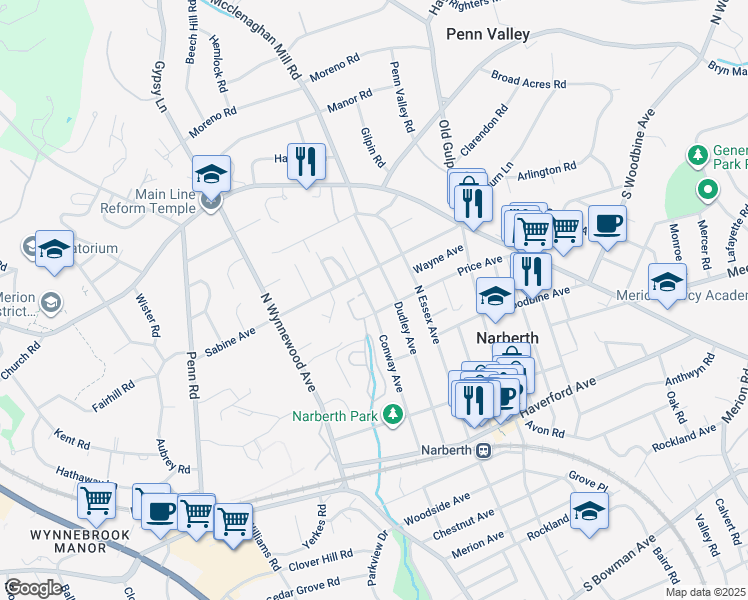 map of restaurants, bars, coffee shops, grocery stores, and more near 415 Conway Avenue in Narberth