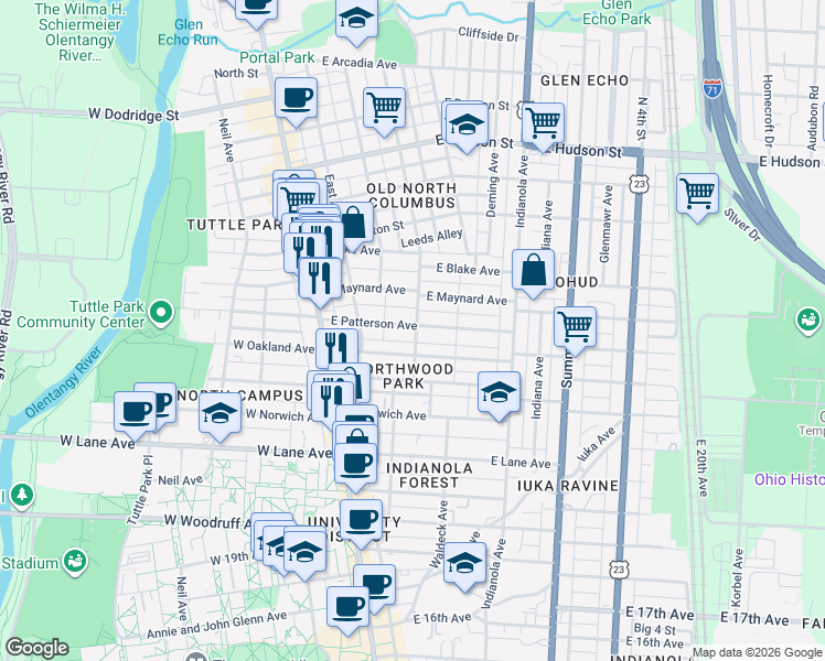 map of restaurants, bars, coffee shops, grocery stores, and more near 105 East Patterson Avenue in Columbus