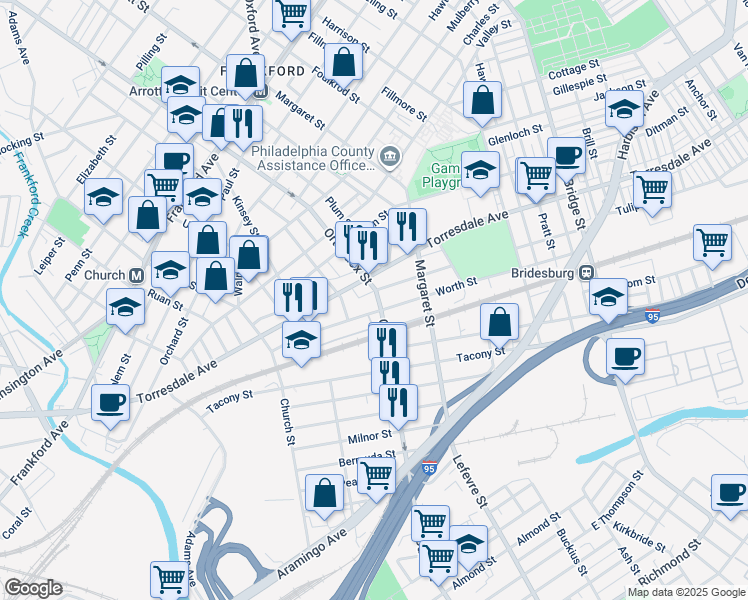 map of restaurants, bars, coffee shops, grocery stores, and more near 4562 Worth Street in Philadelphia