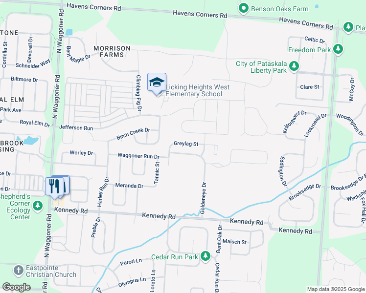 map of restaurants, bars, coffee shops, grocery stores, and more near 8661 Greylag Street in Blacklick