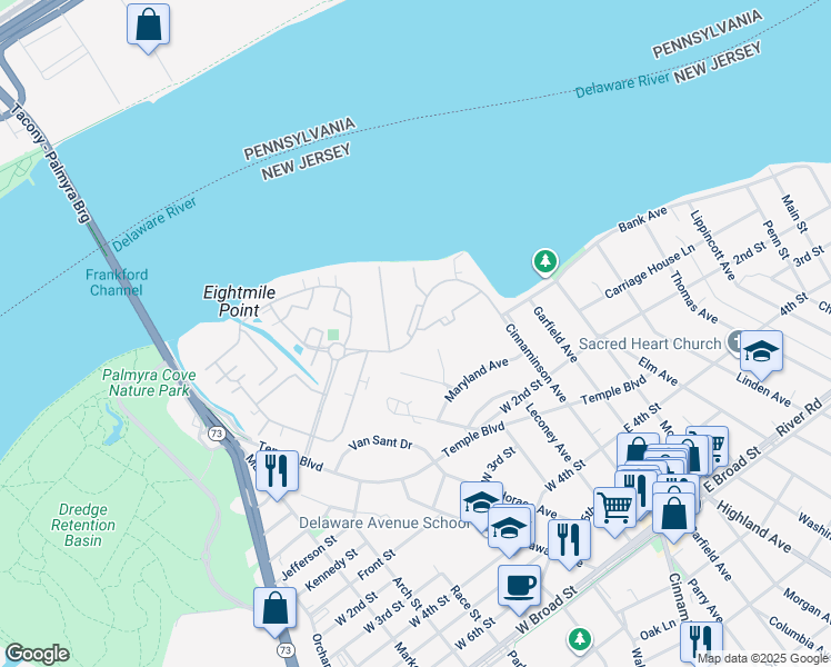 map of restaurants, bars, coffee shops, grocery stores, and more near 1098 Harbour Drive in Palmyra