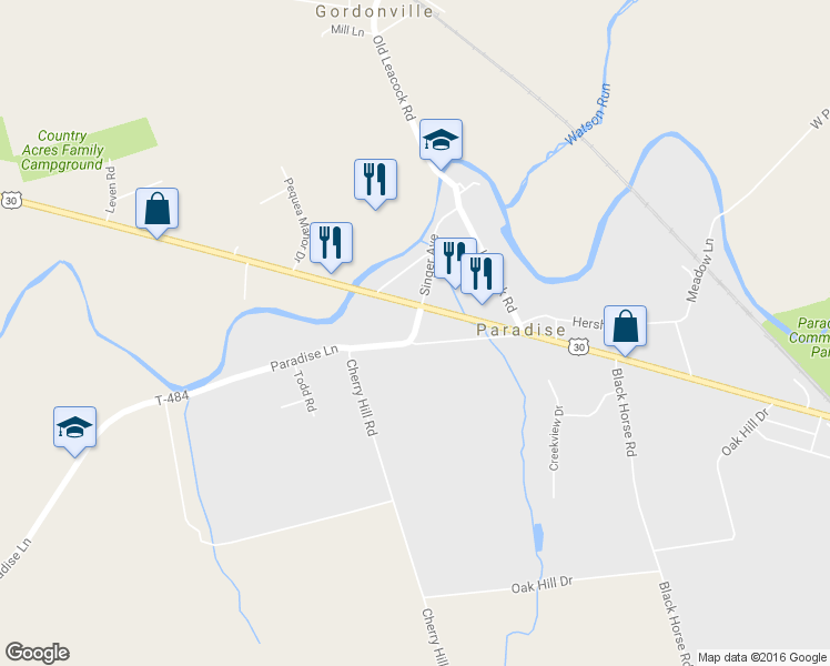 map of restaurants, bars, coffee shops, grocery stores, and more near South Singer Avenue in Paradise
