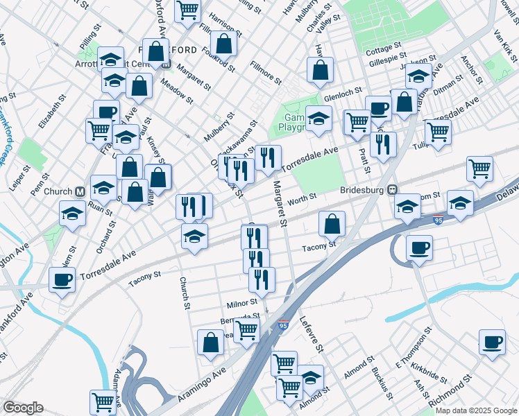 map of restaurants, bars, coffee shops, grocery stores, and more near 4612 Worth Street in Philadelphia