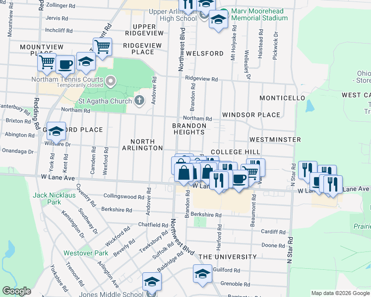 map of restaurants, bars, coffee shops, grocery stores, and more near 2574 Brandon Road in Columbus