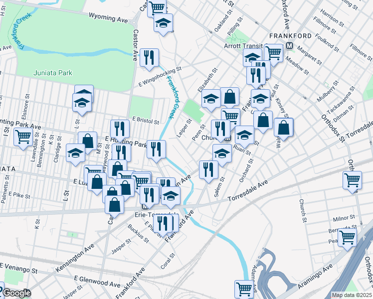 map of restaurants, bars, coffee shops, grocery stores, and more near 4200 Penn Street in Philadelphia