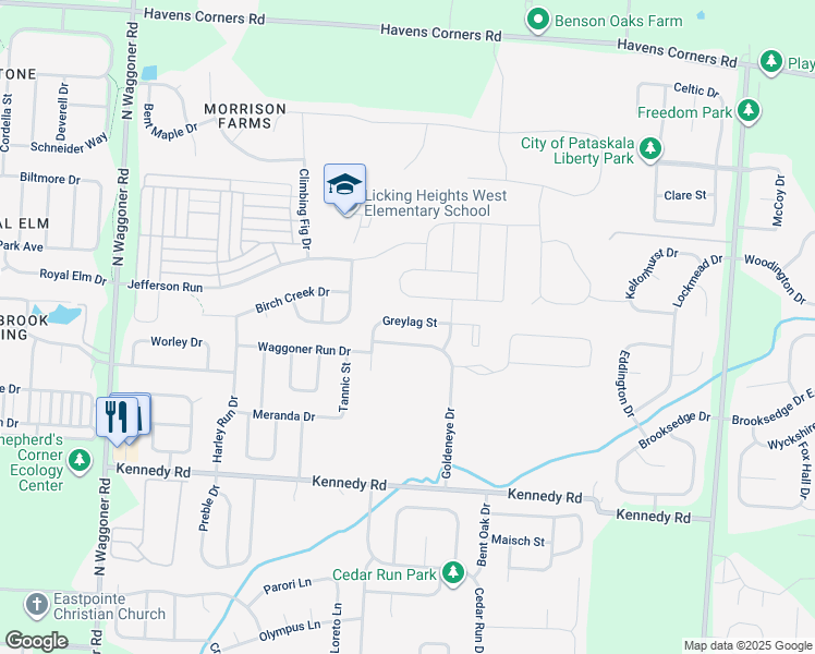 map of restaurants, bars, coffee shops, grocery stores, and more near 8669 Greylag Street in Blacklick