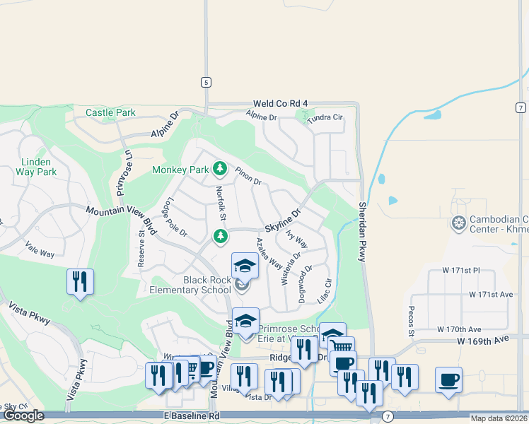 map of restaurants, bars, coffee shops, grocery stores, and more near 2162 Pinon Circle in Erie