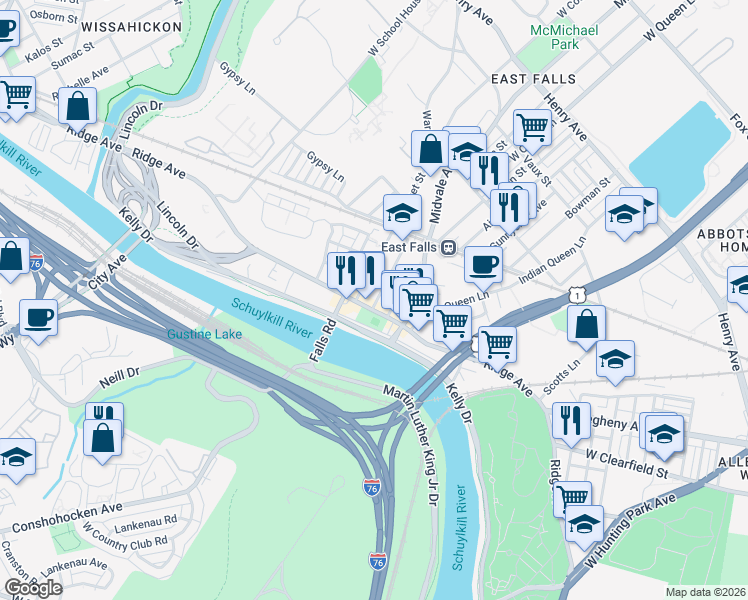 map of restaurants, bars, coffee shops, grocery stores, and more near in Philadelphia