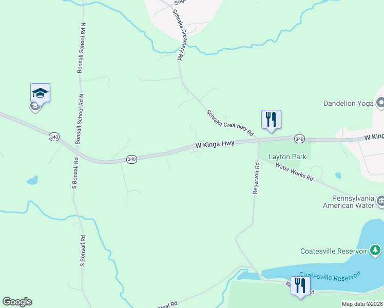 map of restaurants, bars, coffee shops, grocery stores, and more near 742 West Kings Highway in Coatesville
