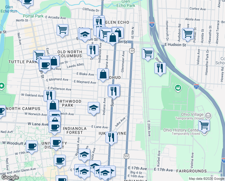 map of restaurants, bars, coffee shops, grocery stores, and more near 2253 Summit Street in Columbus