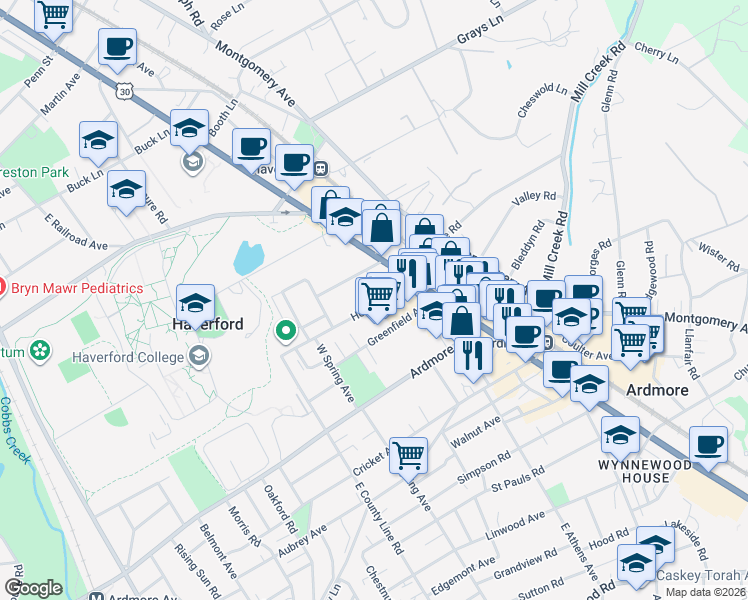 map of restaurants, bars, coffee shops, grocery stores, and more near 33 Holland Avenue in Ardmore