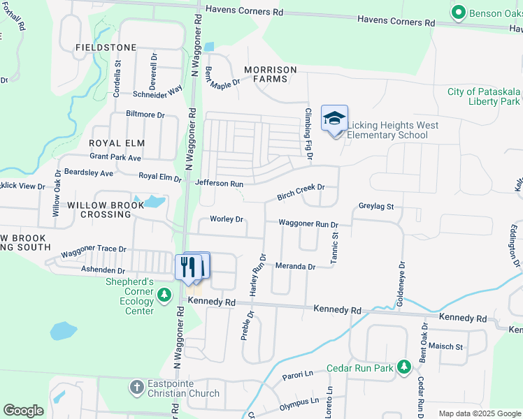 map of restaurants, bars, coffee shops, grocery stores, and more near 1269 Harley Run Drive in Blacklick