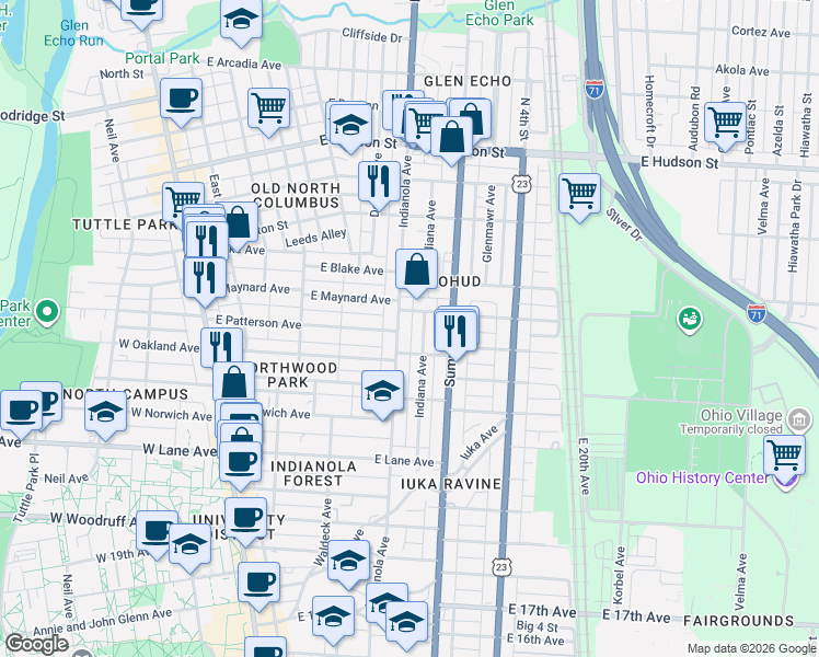 map of restaurants, bars, coffee shops, grocery stores, and more near 2278 Indianola Avenue in Columbus