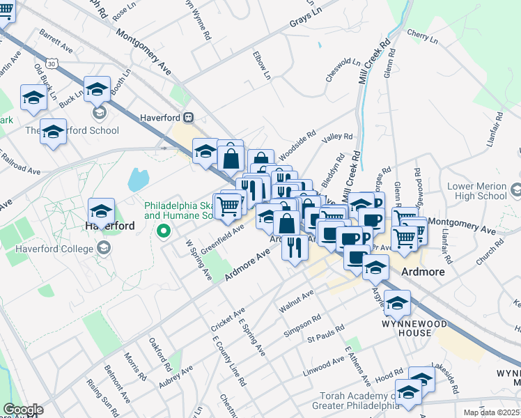 map of restaurants, bars, coffee shops, grocery stores, and more near 8 Greenfield Avenue in Ardmore