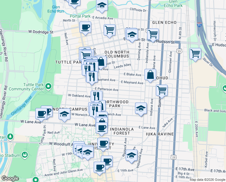 map of restaurants, bars, coffee shops, grocery stores, and more near 105 East Patterson Avenue in Columbus
