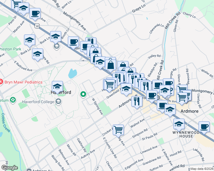 map of restaurants, bars, coffee shops, grocery stores, and more near 64 Holland Avenue in Ardmore