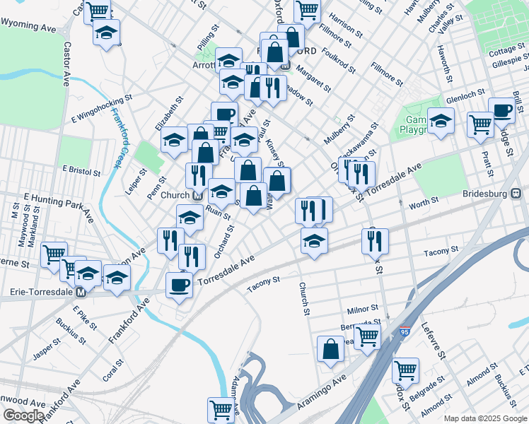 map of restaurants, bars, coffee shops, grocery stores, and more near 1823 Church Street in Philadelphia