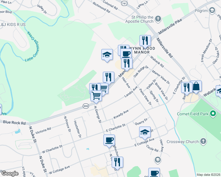 map of restaurants, bars, coffee shops, grocery stores, and more near 112 Manor Avenue in Millersville
