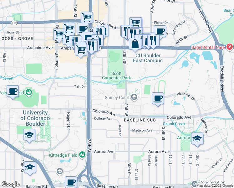 map of restaurants, bars, coffee shops, grocery stores, and more near 2932 Shadow Creek Drive in Boulder