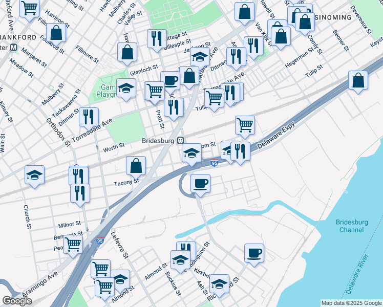 map of restaurants, bars, coffee shops, grocery stores, and more near 2241 Bridge Street in Philadelphia