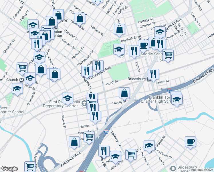 map of restaurants, bars, coffee shops, grocery stores, and more near 4717 Worth Street in Philadelphia