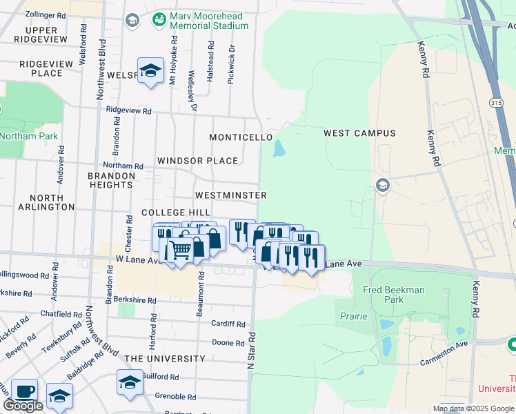map of restaurants, bars, coffee shops, grocery stores, and more near 2557 North Star Road in Upper Arlington