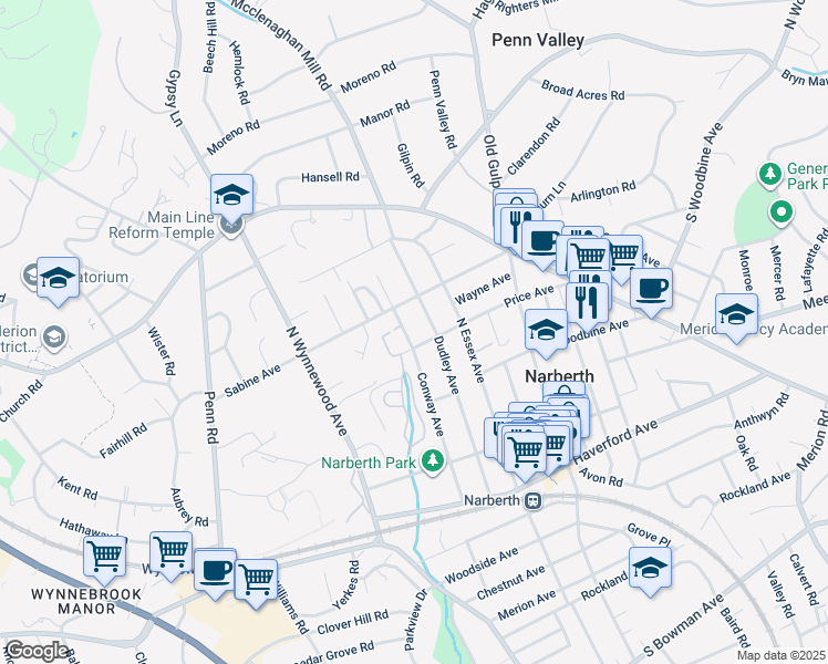 map of restaurants, bars, coffee shops, grocery stores, and more near 415 Conway Avenue in Narberth