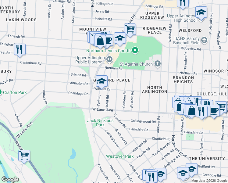 map of restaurants, bars, coffee shops, grocery stores, and more near 2632 Kent Road in Columbus