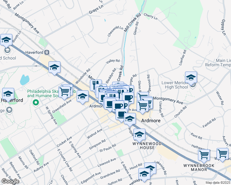 map of restaurants, bars, coffee shops, grocery stores, and more near 76 Mill Creek Road in Ardmore