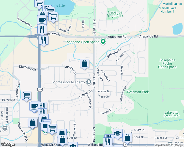 map of restaurants, bars, coffee shops, grocery stores, and more near 1001 Acadia Avenue in Lafayette