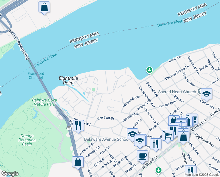 map of restaurants, bars, coffee shops, grocery stores, and more near 2024 Harbour Drive in Palmyra