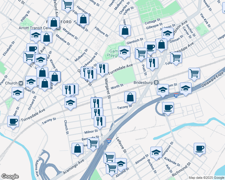 map of restaurants, bars, coffee shops, grocery stores, and more near 4717 Worth Street in Philadelphia