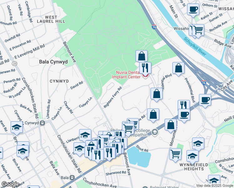 map of restaurants, bars, coffee shops, grocery stores, and more near 271 Righters Ferry Road in Bala Cynwyd