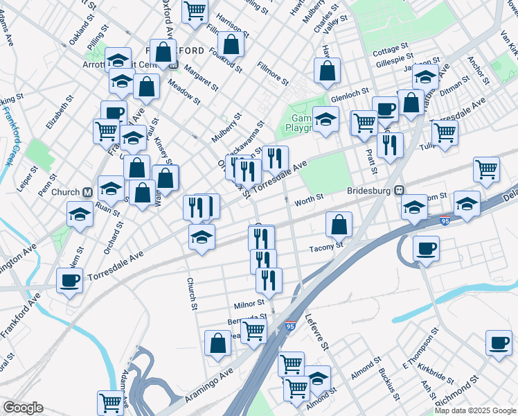 map of restaurants, bars, coffee shops, grocery stores, and more near 2111 Orthodox Street in Philadelphia