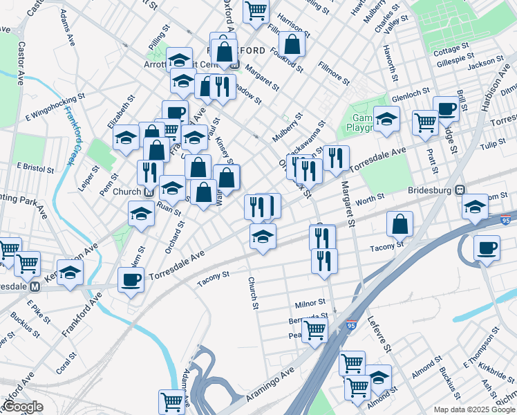 map of restaurants, bars, coffee shops, grocery stores, and more near 2003 Kinsey Street in Philadelphia